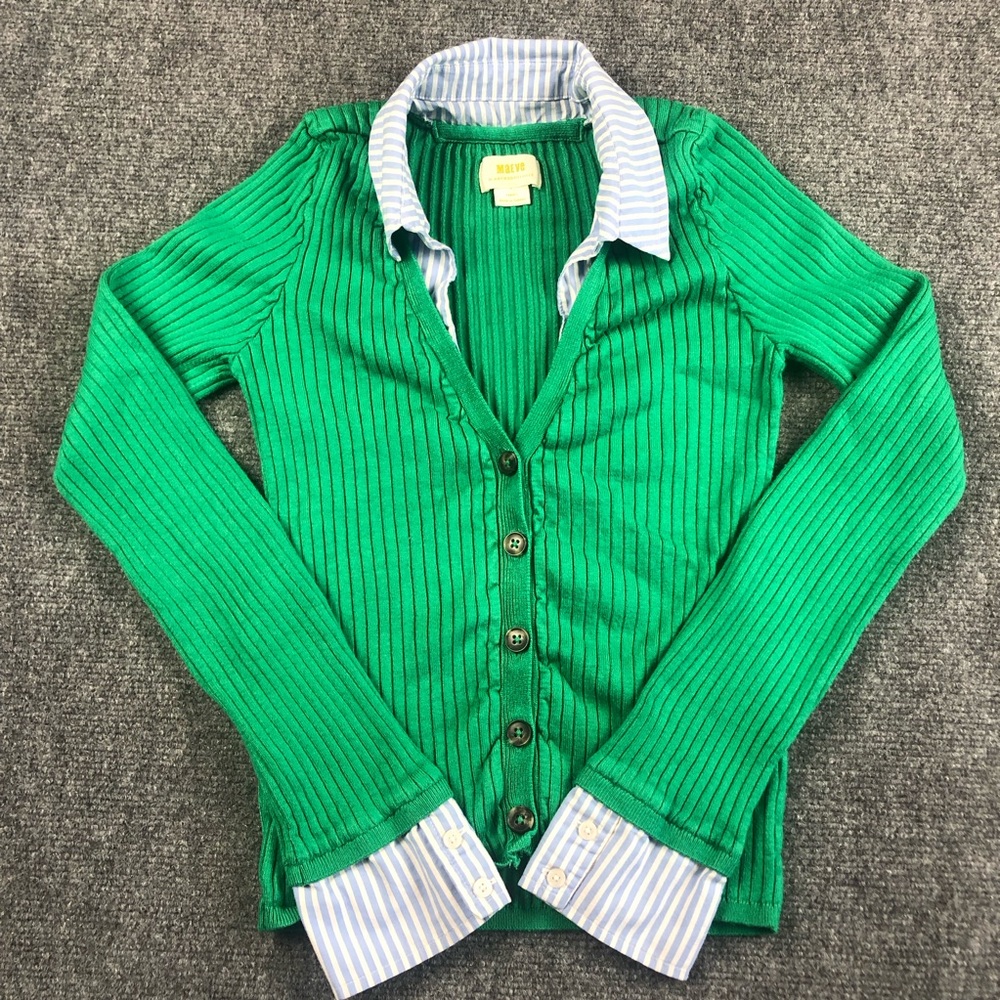 Maeve by Anthropologie Green Ribbed Button Cardigan with Layered Collar